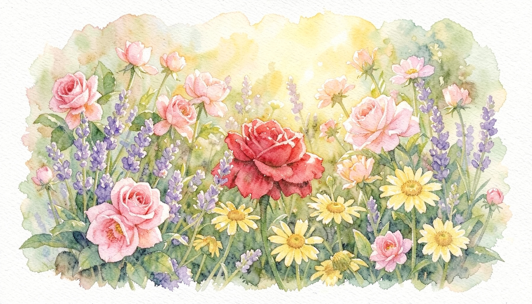 Soft watercolour of a lush flower garden in full bloom, with pink roses, purple lavender, and yellow daisies spilling across a sunlit bed, warm greens and gentle golden light throughout