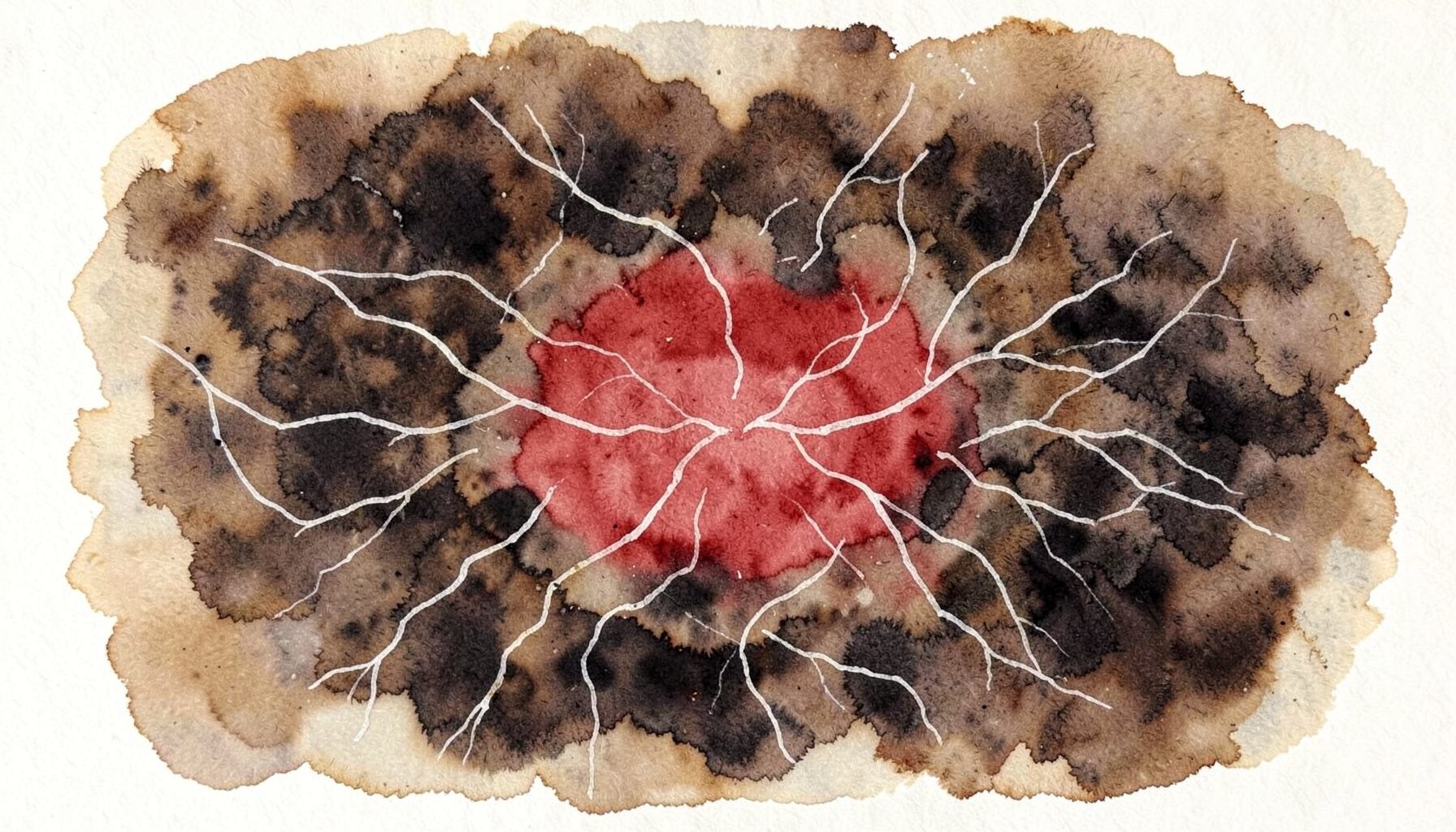 A soft watercolour painting of rich dark peat soil with delicate white mycorrhizal filaments spreading through it, warm earthy browns and creams