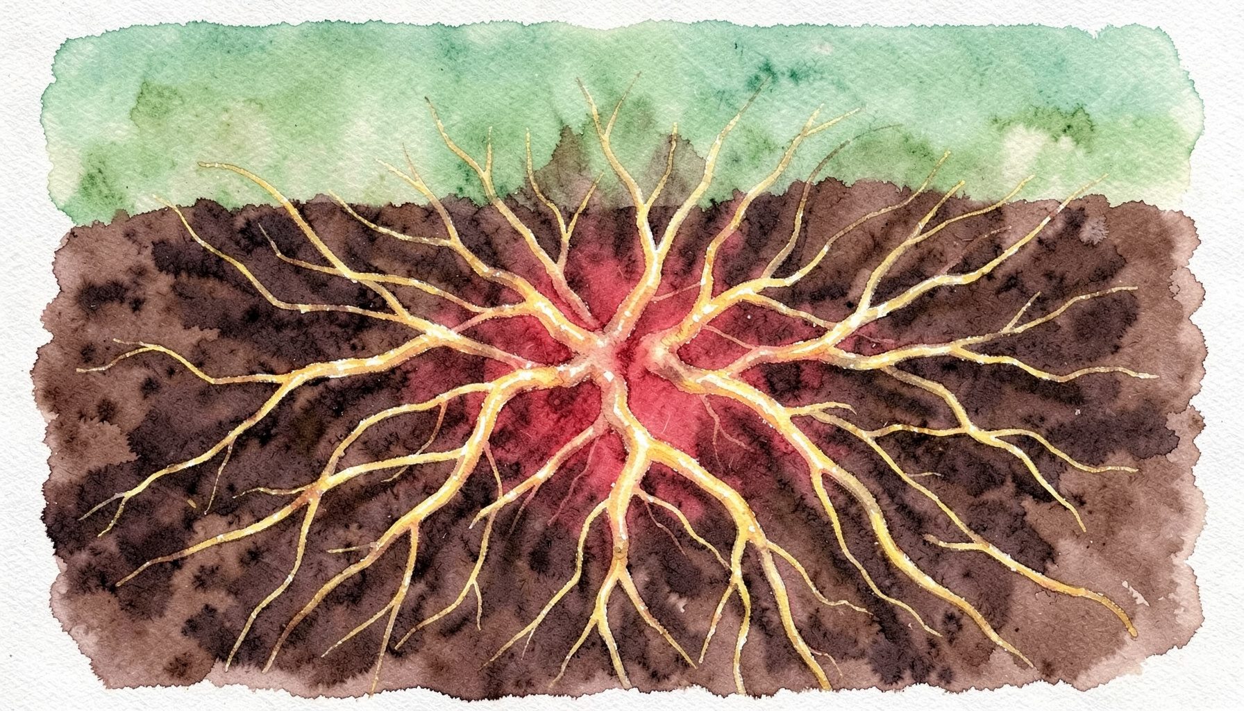 Soft watercolour of a sprawling underground root network glowing with golden mycorrhizal filaments, set against rich dark brown soil tones and a gentle green gradient above.